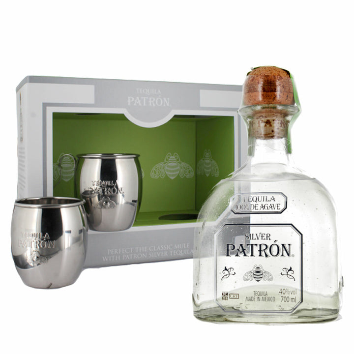 Patron Silver Premium Tequila Gift Pack with 2x Mule Mugs, 70 cl product bottle