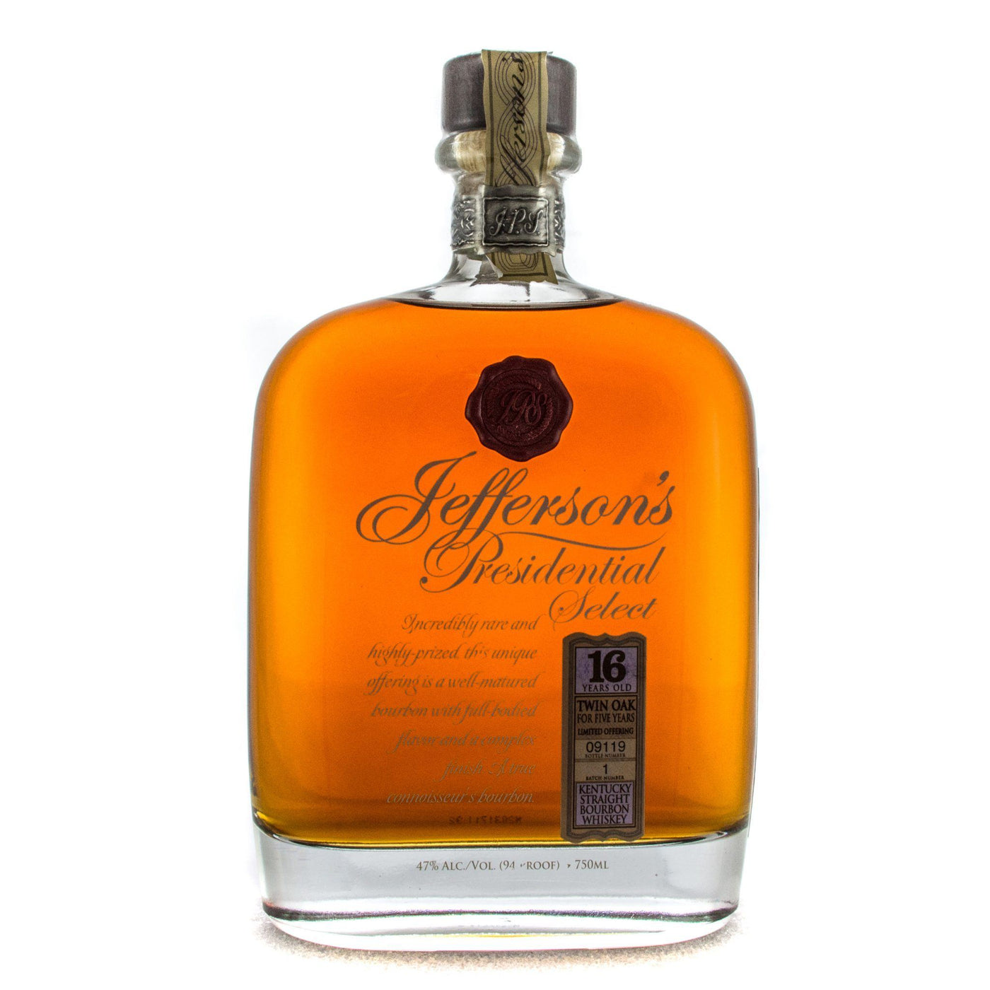 Jefferson's Presidential Select 16 Year Old Twin Oak Bourbon Whiskey product bottle