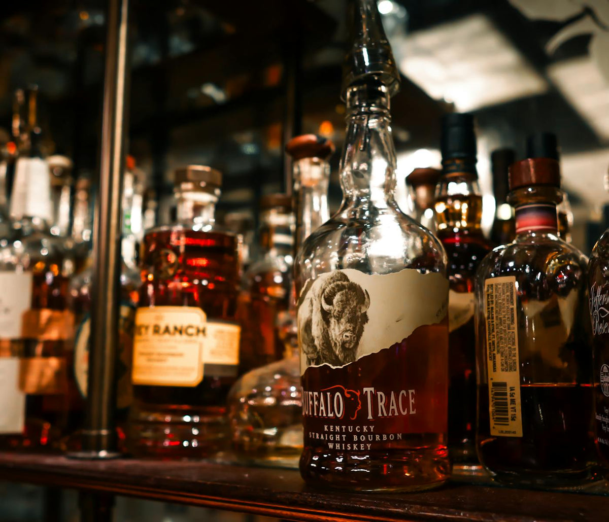 Buffalo Trace Kentucky straight bourbon displayed on a whiskey bar shelf